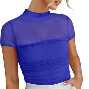 Blue Mesh Mock Neck Short Sleeve Top